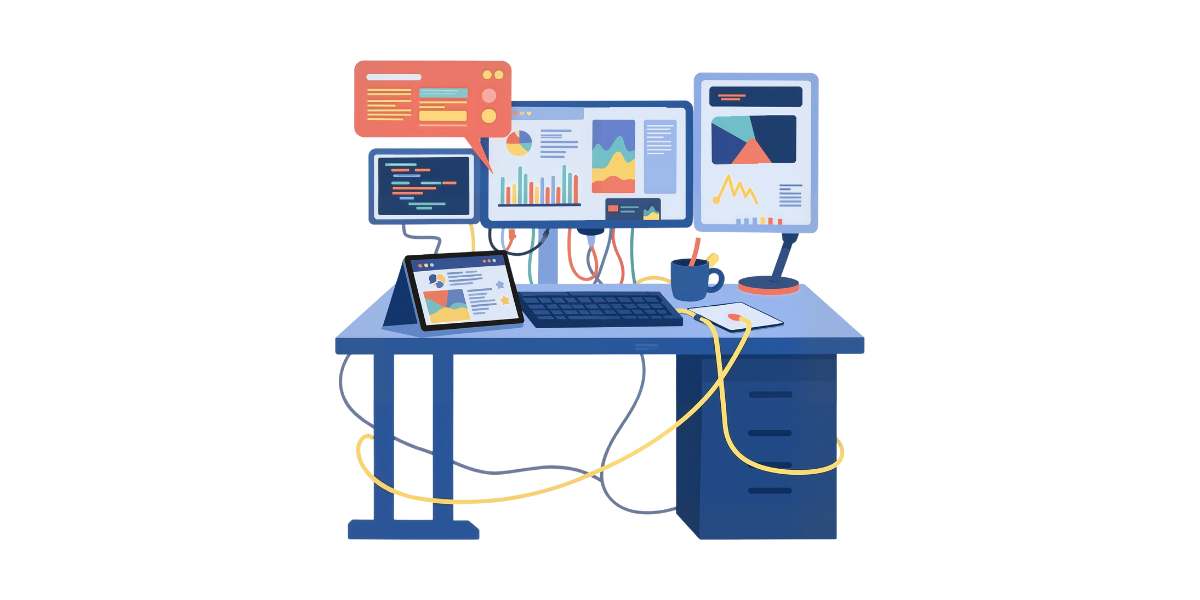 Grafik eines Tisches voller Monitore und Kabel