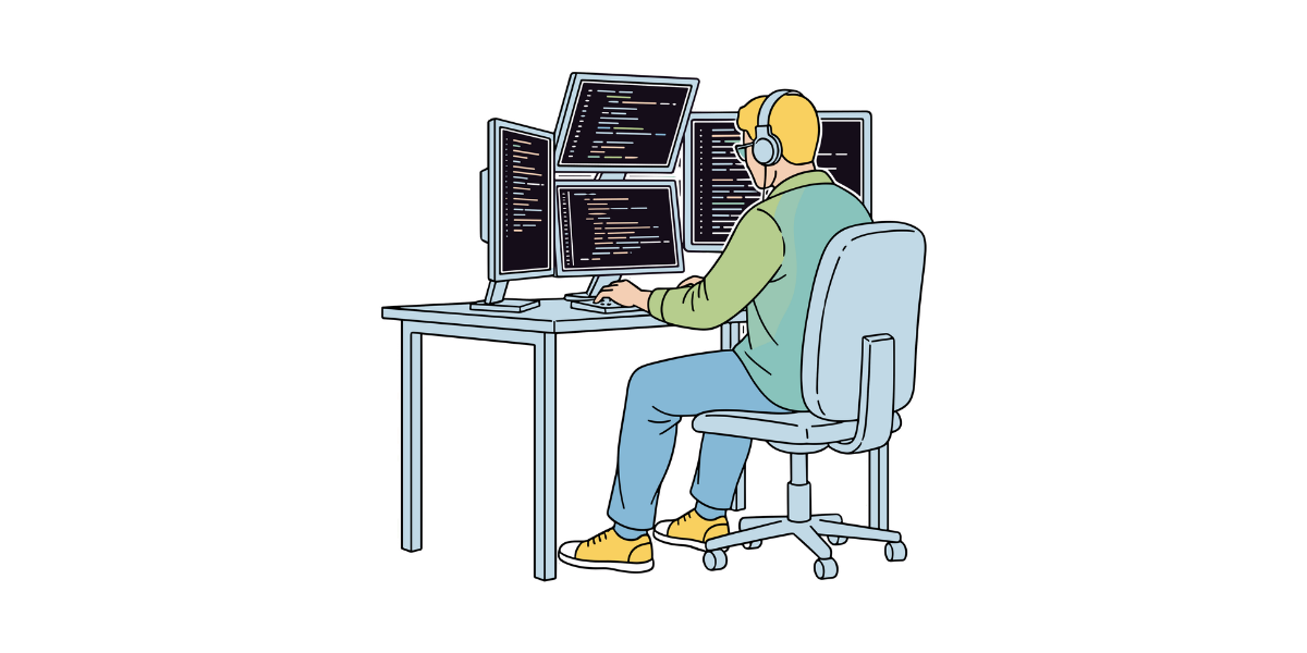 Grafik eines Mannes vor mehreren PC Monitoren